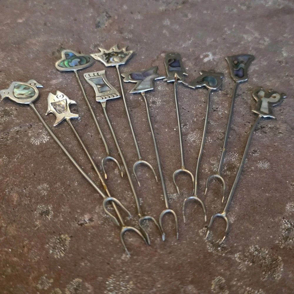 Vintage Alpaca Silver Abalone Inlay Cocktail Forks Set Mexican Cactus Bird Fish